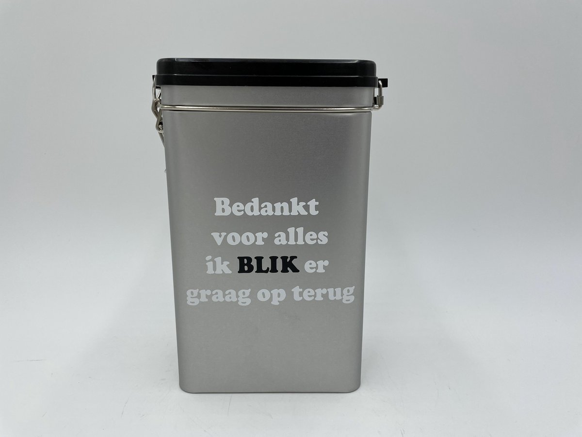 Bewaarblik bedankt blik er op terug metaal grijs zwart voorraadblik | Cadeau Tip | Home Sweet Home